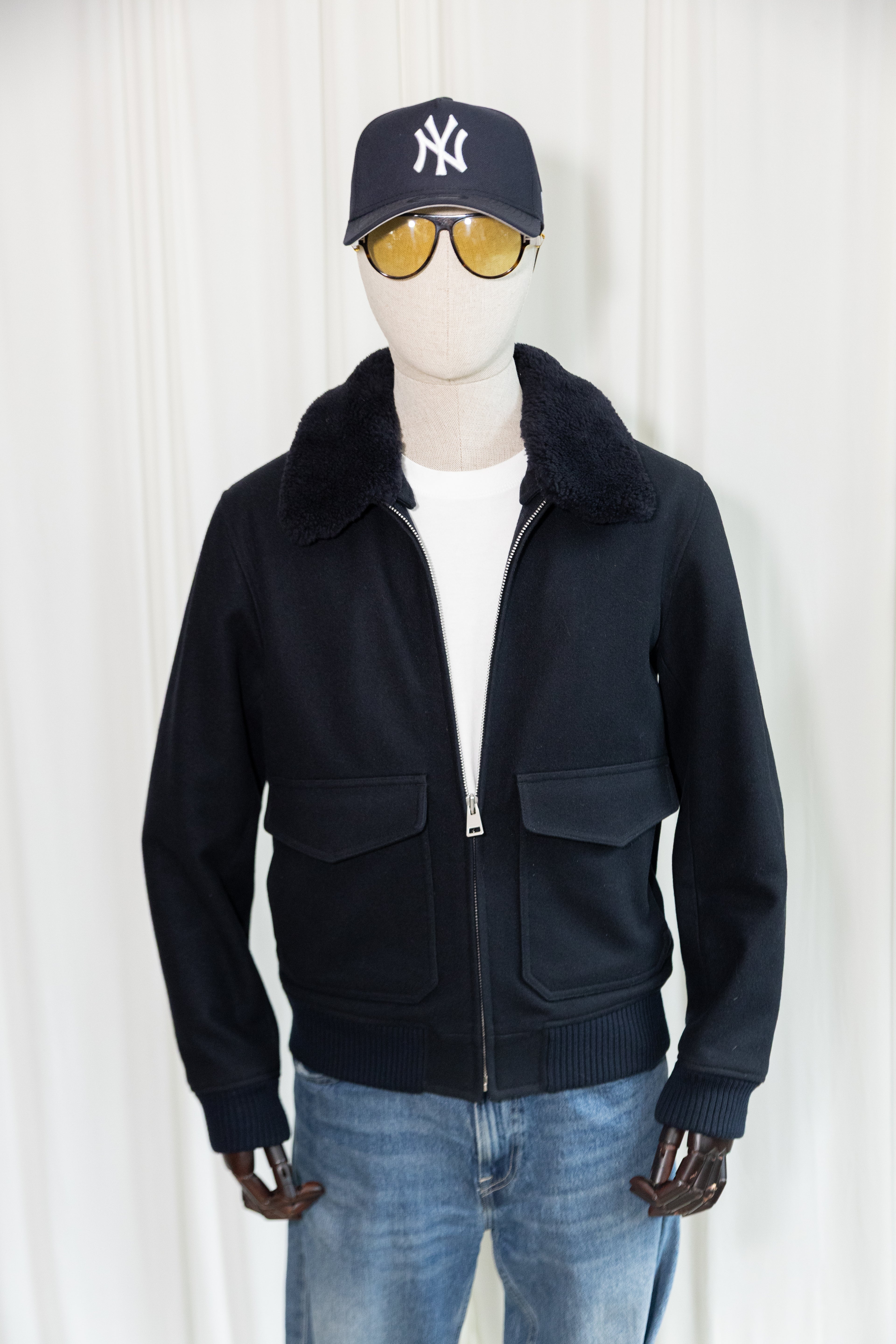 Sandro Paris Wool Aviator Bomber Jacket with Shearling Collar