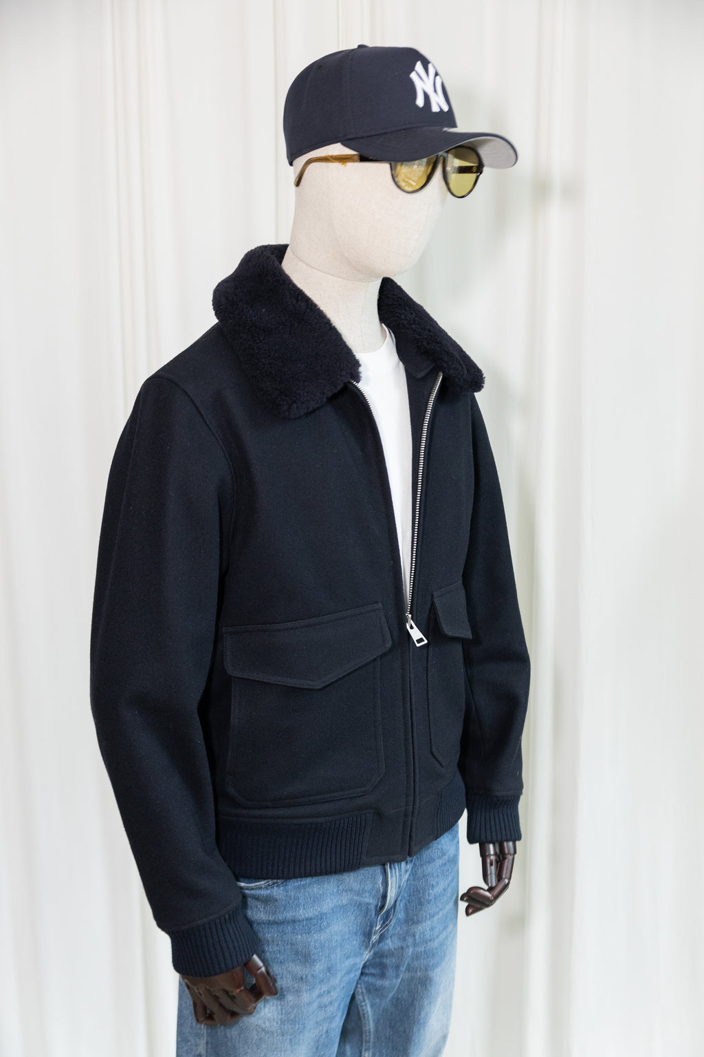 Sandro Paris Wool Aviator Bomber Jacket with Shearling Collar